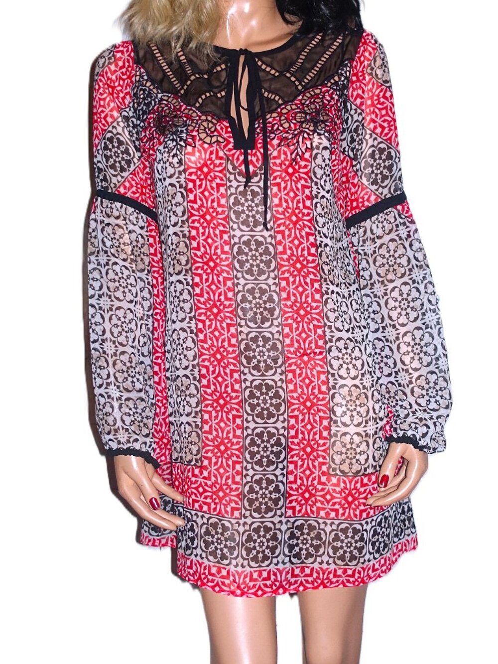 Bebe Black Red Boho Dress S/P